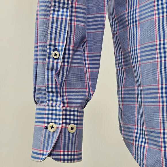 Peter Millar Blue Plaid Button-Up Long Sleeve Dress Shirt | Men's XL - Picture 7 of 13
